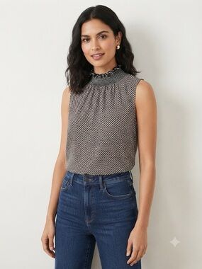 Espresso Sleeveless Smocked Ruffle Neck Camisole - Black/Tan